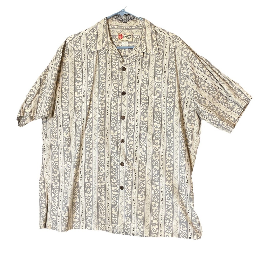 Hilo Hattie Mens XL Hawaiian Shirt Grey Cream Floral Tribal Print Made in Hawaii